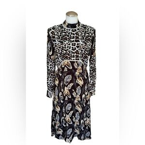 Anthropologie Bl-nk Black White Floral Animal Print Long Sleeve Dress Small